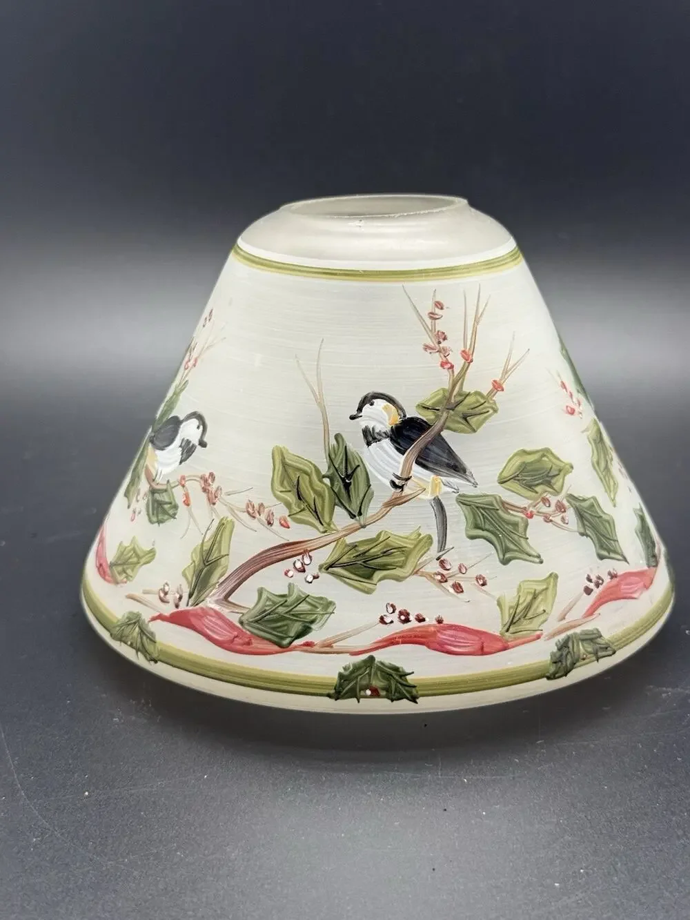Frosted glass candle shade Christmas Birds poinsettia Holly Berries